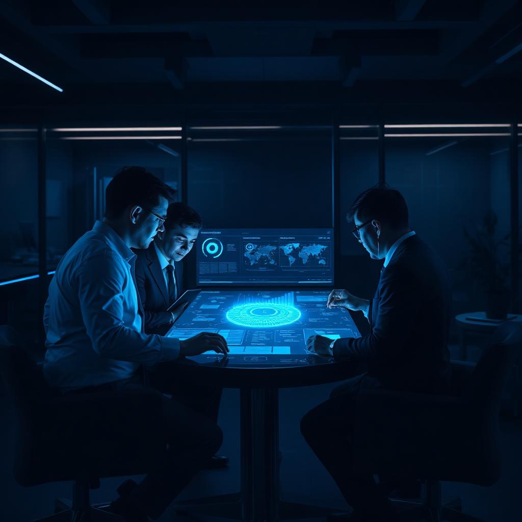 Executives collaborating around an AI dashboard